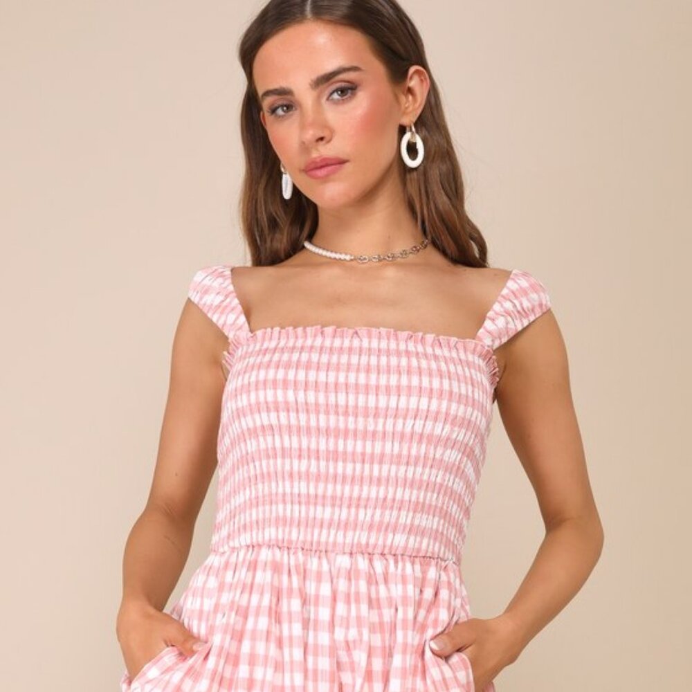 Lulus Adorable Girly Ivory And Pink Gingham Smocked Sleeveless Romper - Size S